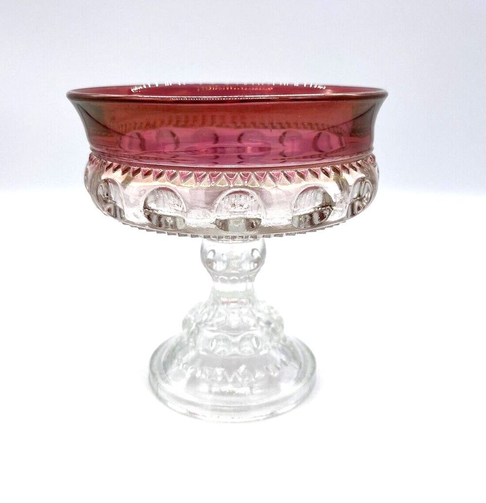 Indiana Glass Kings Crown Thumbprint Ruby Red Flash Pedestal Compote 5.25” Tall